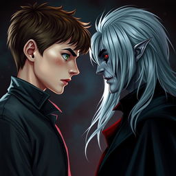 A 17-year-old boy with brown hair, green eyes, and freckles facing off against a vampire, who has striking silver hair and blood-red eyes