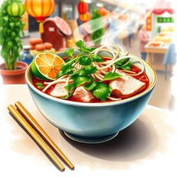 A beautiful watercolor painting of a steaming bowl of traditional Vietnamese Phở