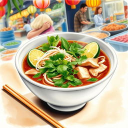 A beautiful watercolor painting of a steaming bowl of traditional Vietnamese Phở
