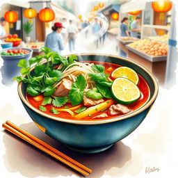 A beautiful watercolor painting of a steaming bowl of traditional Vietnamese Phở