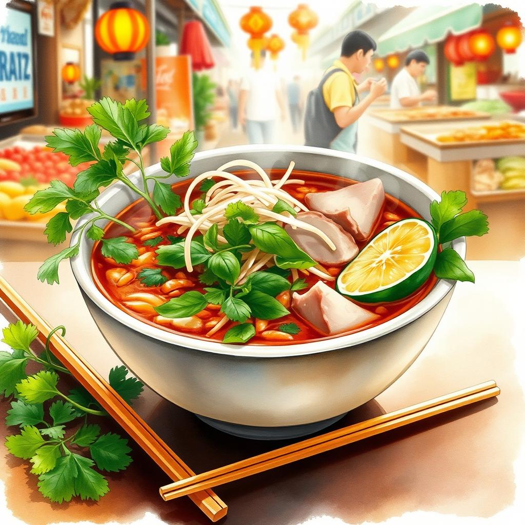 A beautiful watercolor painting of a steaming bowl of traditional Vietnamese Phở