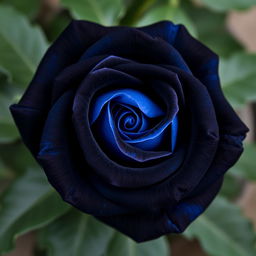 A beautiful black rose with blue hues, showcasing delicate petals that blend seamlessly from deep black to striking blue, surrounded by soft green leaves