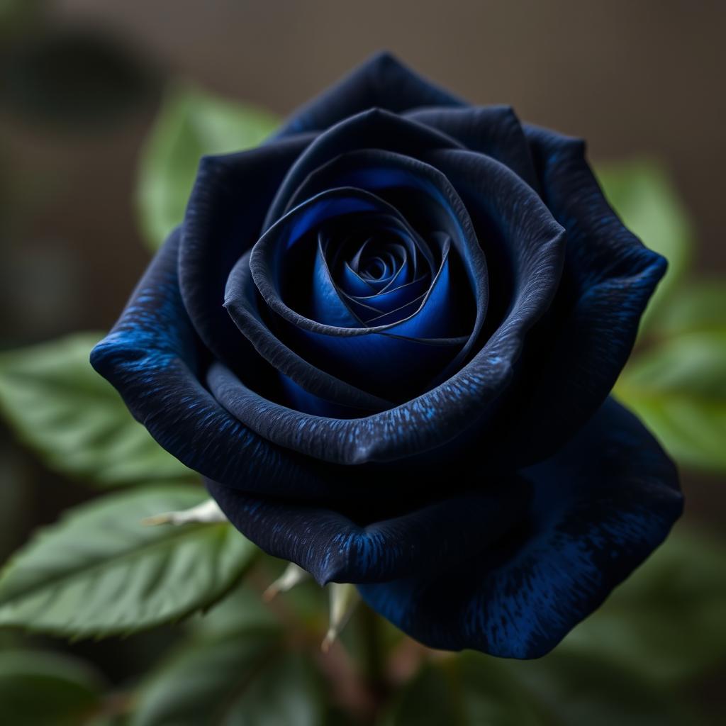 A beautiful black rose with blue hues, showcasing delicate petals that blend seamlessly from deep black to striking blue, surrounded by soft green leaves