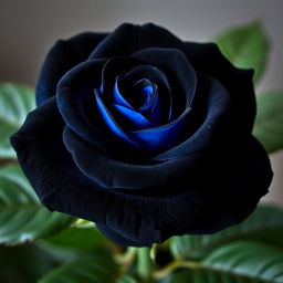 A beautiful black rose with blue hues, showcasing delicate petals that blend seamlessly from deep black to striking blue, surrounded by soft green leaves