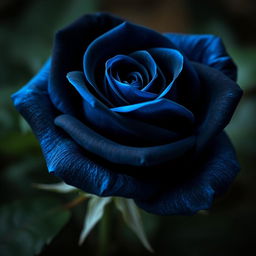 A beautiful black rose with blue hues, showcasing delicate petals that blend seamlessly from deep black to striking blue, surrounded by soft green leaves