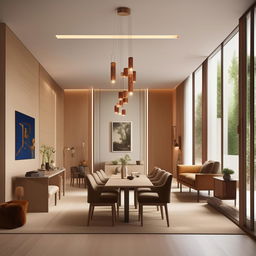 Design a 7.50m x 4.00m residential living room reception area, furnished in a modern style with warm and cozy furniture, inclusive of a stylish dining table.