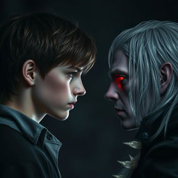 A 17-year-old boy with brown hair, green eyes, and freckles facing a vampire, who possesses silver hair and glowing red eyes