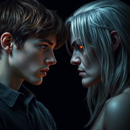 A 17-year-old boy with brown hair, green eyes, and freckles facing a vampire, who possesses silver hair and glowing red eyes