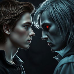 A 17-year-old boy with brown hair, green eyes, and freckles facing a vampire, who possesses silver hair and glowing red eyes