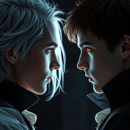 A 17-year-old boy with brown hair, green eyes, and freckles facing a vampire, who possesses silver hair and glowing red eyes
