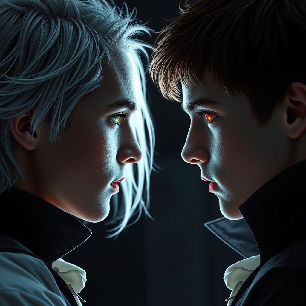 A 17-year-old boy with brown hair, green eyes, and freckles facing a vampire, who possesses silver hair and glowing red eyes