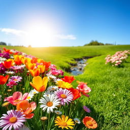 A bright and clear photograph of a beautiful garden filled with a variety of colorful flowers, lush green grass, and a serene blue sky