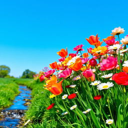 A bright and clear photograph of a beautiful garden filled with a variety of colorful flowers, lush green grass, and a serene blue sky