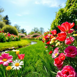 A bright and clear photograph of a beautiful garden filled with a variety of colorful flowers, lush green grass, and a serene blue sky