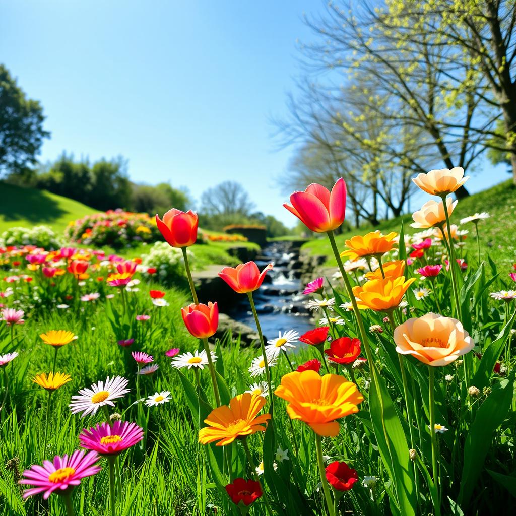 A bright and clear photograph of a beautiful garden filled with a variety of colorful flowers, lush green grass, and a serene blue sky
