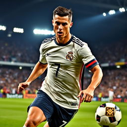 A dynamic and powerful portrait of Cristiano Ronaldo on the soccer field, showcasing his athleticism and determination