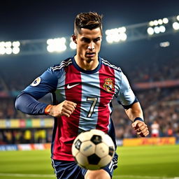 A dynamic and powerful portrait of Cristiano Ronaldo on the soccer field, showcasing his athleticism and determination