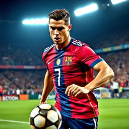 A dynamic and powerful portrait of Cristiano Ronaldo on the soccer field, showcasing his athleticism and determination