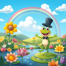 A whimsical and colorful cartoon scene featuring a fantastical landscape filled with oversized flowers and whimsical creatures