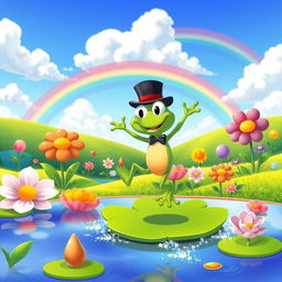 A whimsical and colorful cartoon scene featuring a fantastical landscape filled with oversized flowers and whimsical creatures