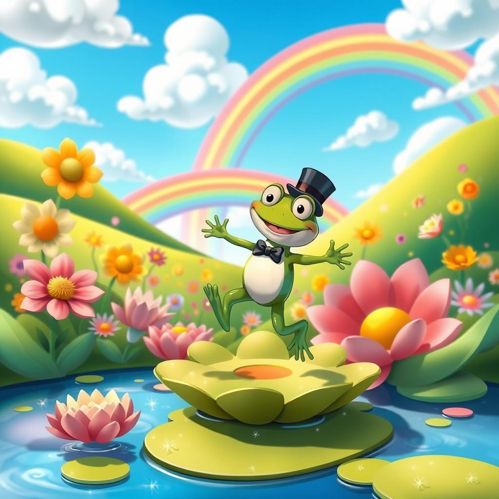 A whimsical and colorful cartoon scene featuring a fantastical landscape filled with oversized flowers and whimsical creatures