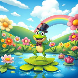 A whimsical and colorful cartoon scene featuring a fantastical landscape filled with oversized flowers and whimsical creatures