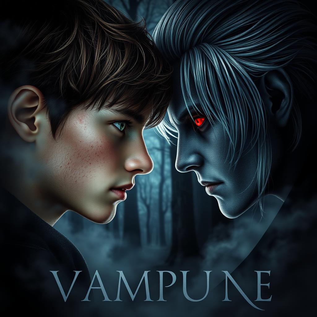 A visually stunning dark book cover featuring a 17-year-old boy with brown hair, green eyes, and freckles, facing a captivating vampire with silver hair and glowing red eyes