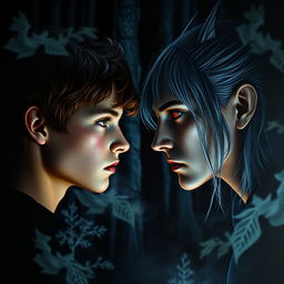 A visually stunning dark book cover featuring a 17-year-old boy with brown hair, green eyes, and freckles, facing a captivating vampire with silver hair and glowing red eyes