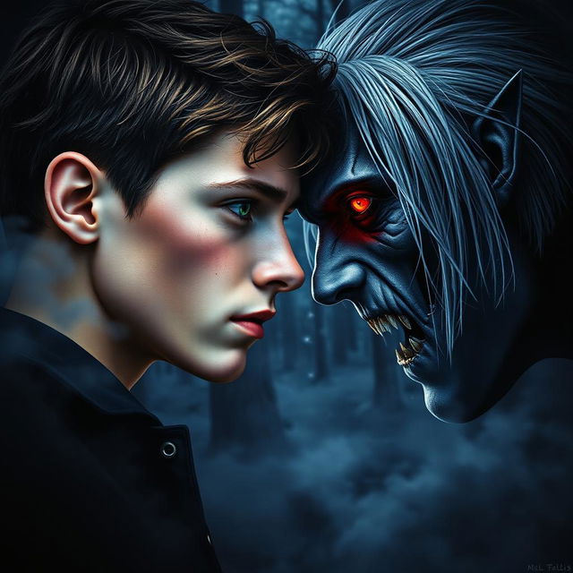 A visually stunning dark book cover featuring a 17-year-old boy with brown hair, green eyes, and freckles, facing a captivating vampire with silver hair and glowing red eyes