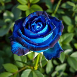 A stunning blue rose with hints of black, displaying intricate petals that transition beautifully from vibrant blue to deep black