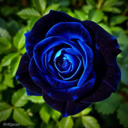 A stunning blue rose with hints of black, displaying intricate petals that transition beautifully from vibrant blue to deep black