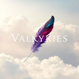 An elegant design showcasing the title 'Valkyries' with a single feather in the forefront, vividly incorporating all colors: white, black, violet/purple, blue, red, and mint green, artistically blended together