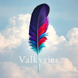 An elegant design showcasing the title 'Valkyries' with a single feather in the forefront, vividly incorporating all colors: white, black, violet/purple, blue, red, and mint green, artistically blended together