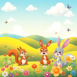A vibrant and colorful cartoon-style artwork featuring a whimsical landscape with rolling hills, fluffy clouds, and a bright blue sky
