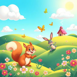 A vibrant and colorful cartoon-style artwork featuring a whimsical landscape with rolling hills, fluffy clouds, and a bright blue sky