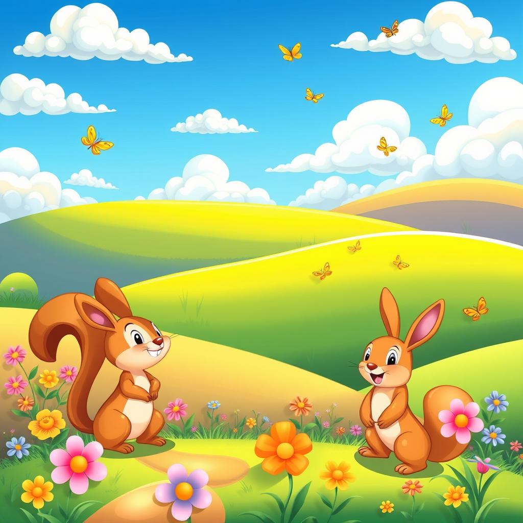 A vibrant and colorful cartoon-style artwork featuring a whimsical landscape with rolling hills, fluffy clouds, and a bright blue sky