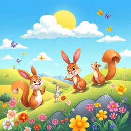 A vibrant and colorful cartoon-style artwork featuring a whimsical landscape with rolling hills, fluffy clouds, and a bright blue sky