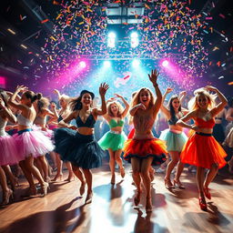 A lively and vibrant dance scene filled with diverse dancers showcasing various styles of dance in an energetic atmosphere