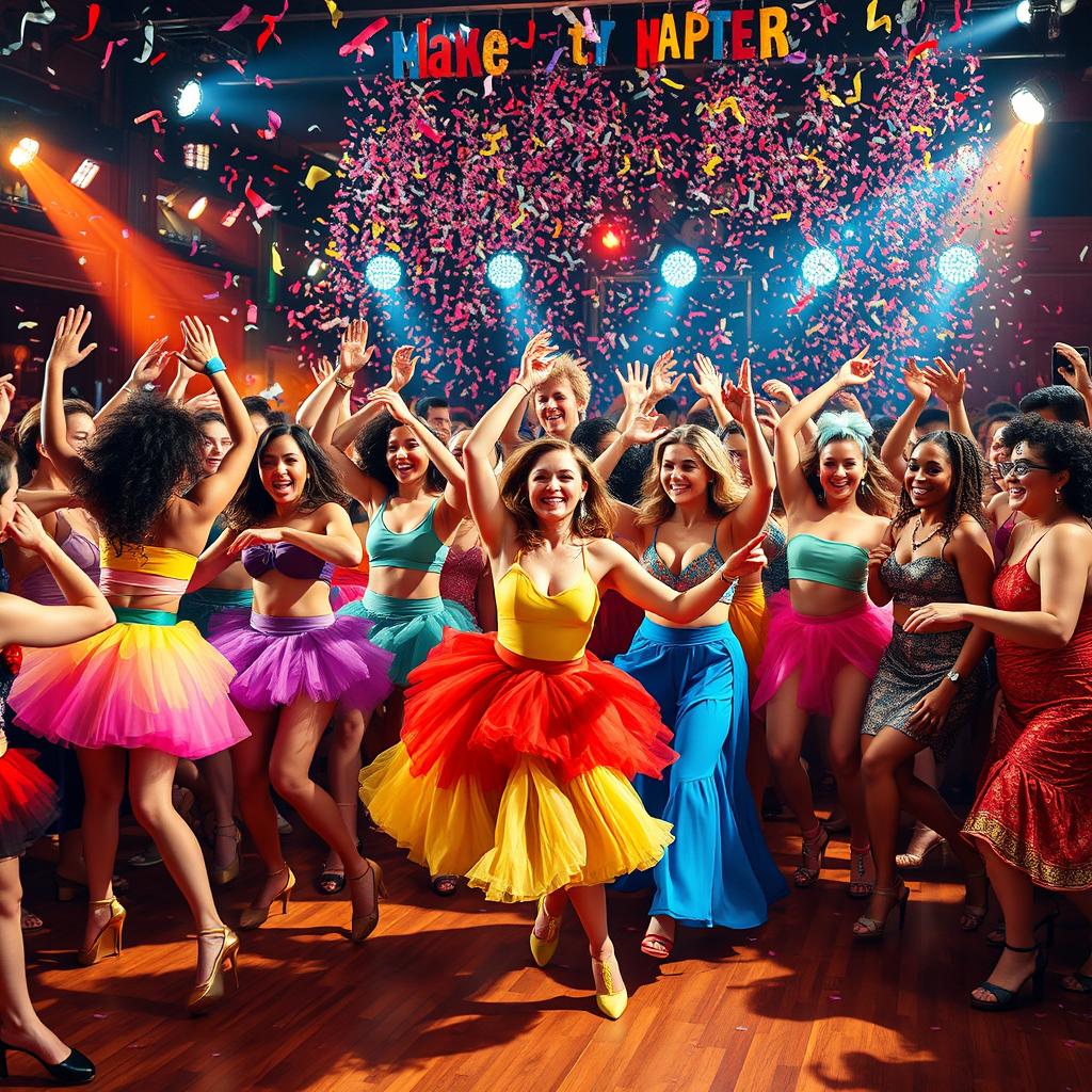A lively and vibrant dance scene filled with diverse dancers showcasing various styles of dance in an energetic atmosphere