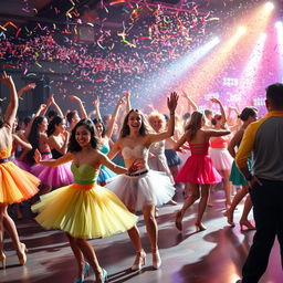 A lively and vibrant dance scene filled with diverse dancers showcasing various styles of dance in an energetic atmosphere