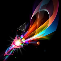 An abstract composition featuring swirling geometric shapes and vibrant colors against a dark background, creating a sense of depth and motion
