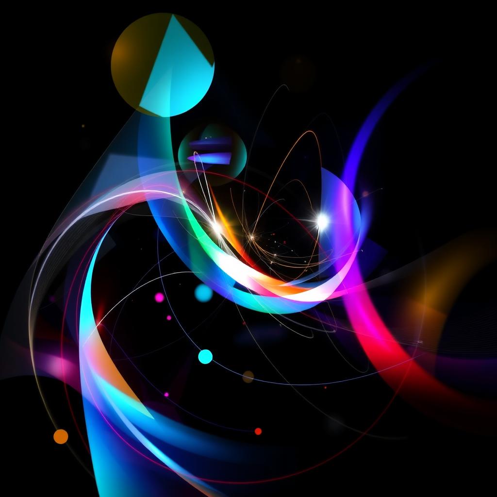 An abstract composition featuring swirling geometric shapes and vibrant colors against a dark background, creating a sense of depth and motion