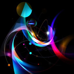 An abstract composition featuring swirling geometric shapes and vibrant colors against a dark background, creating a sense of depth and motion