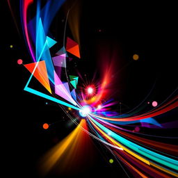 An abstract composition featuring swirling geometric shapes and vibrant colors against a dark background, creating a sense of depth and motion