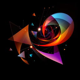 An abstract composition featuring swirling geometric shapes and vibrant colors against a dark background, creating a sense of depth and motion