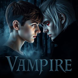 A visually stunning dark book cover featuring a 17-year-old boy with brown hair, green eyes, and freckles, locked in an intense gaze with a vampire characterized by striking silver hair and glowing red eyes