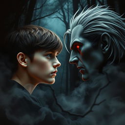 A visually stunning dark book cover featuring a 17-year-old boy with brown hair, green eyes, and freckles, locked in an intense gaze with a vampire characterized by striking silver hair and glowing red eyes