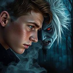 A visually stunning dark book cover featuring a 17-year-old boy with brown hair, green eyes, and freckles, locked in an intense gaze with a vampire characterized by striking silver hair and glowing red eyes