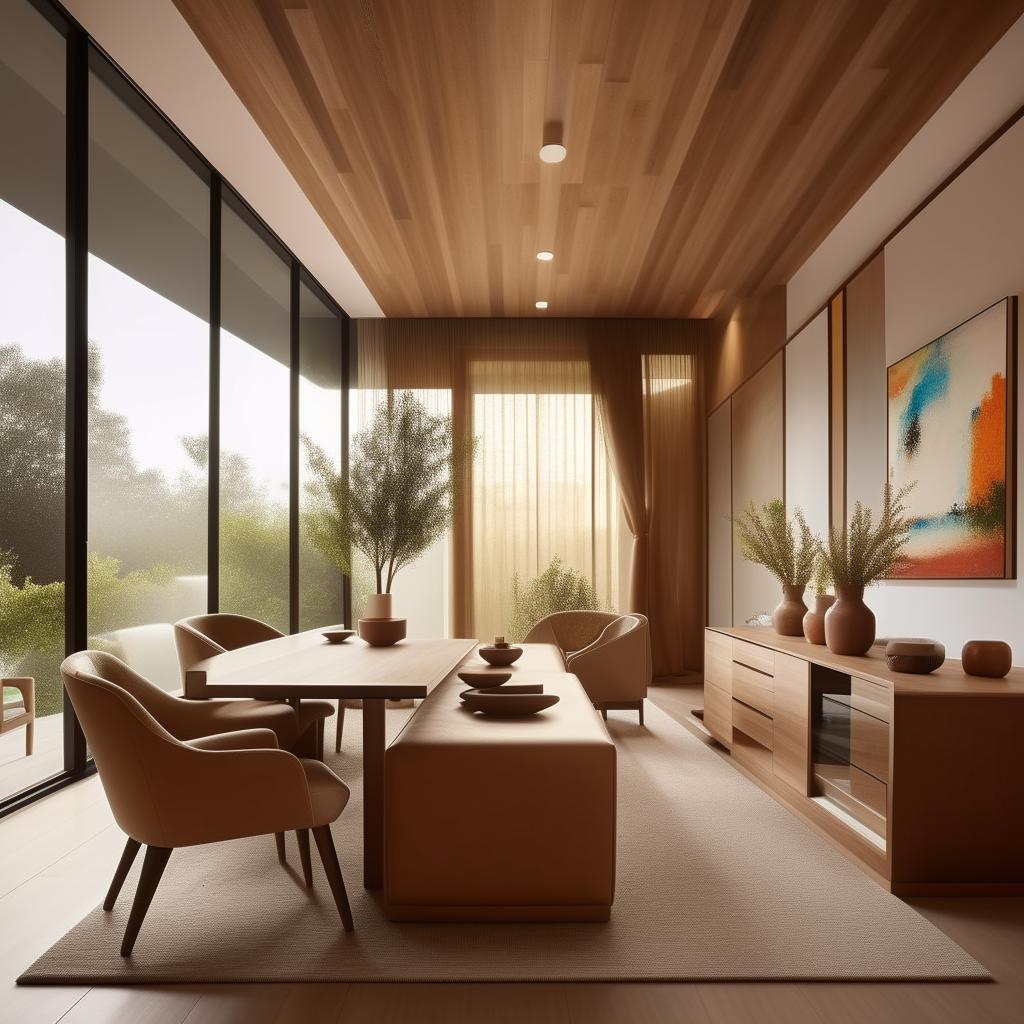 Design a 7.50m x 4.00m residential living room reception area, furnished in a modern style with warm and cozy furniture, inclusive of a stylish dining table.