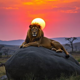A majestic lion lounging on a large rock formation in the African savanna as the sun sets, casting a warm golden glow